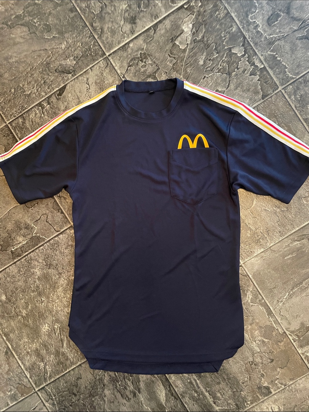 MCDONALD’S Staff Shirt Navy Blue Short Sleeve w Double Arches Logo & Arm Stripes